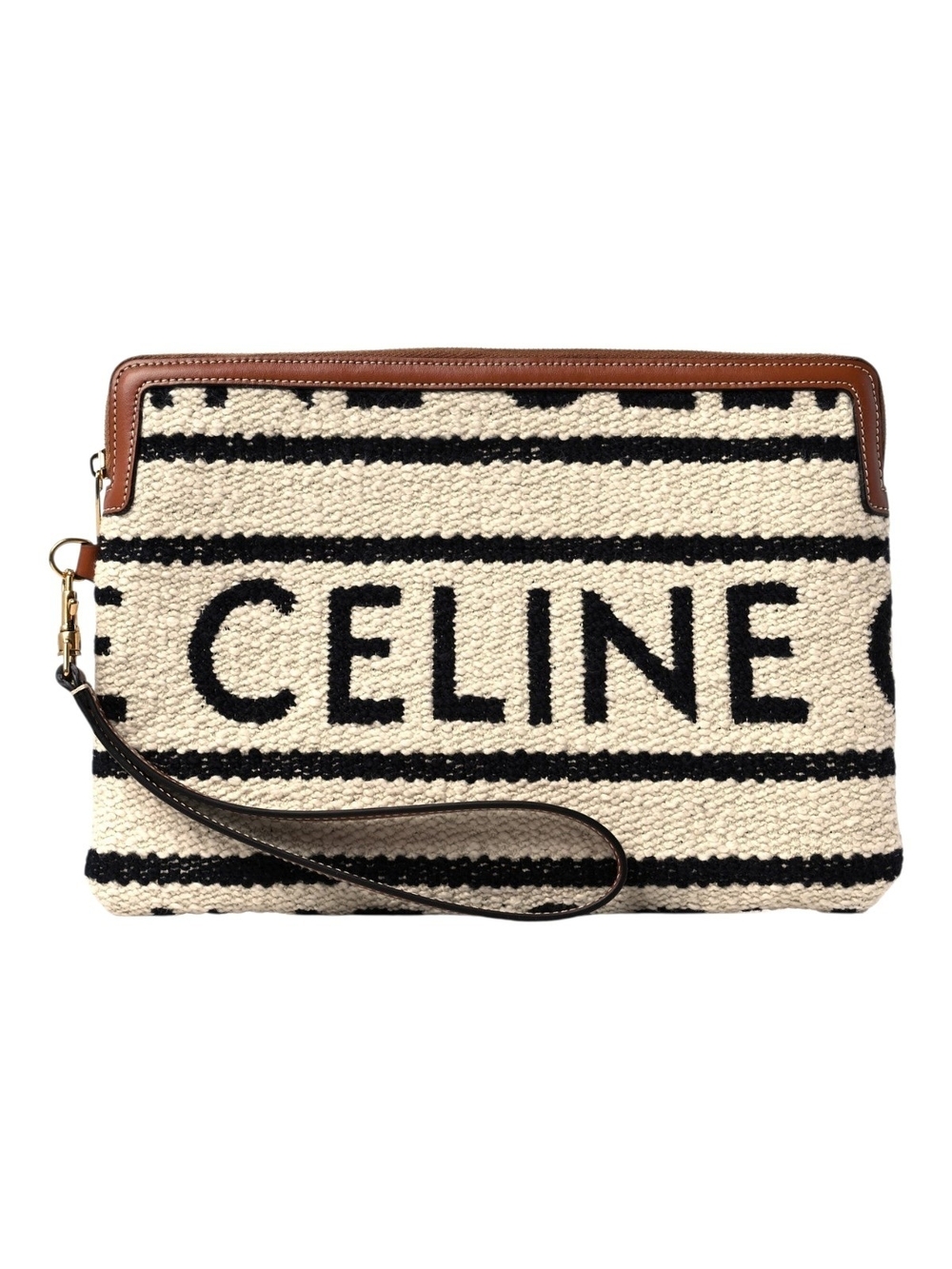 Celine Black & Cream Striped Logo Wristlet Clutch with Leather Trim